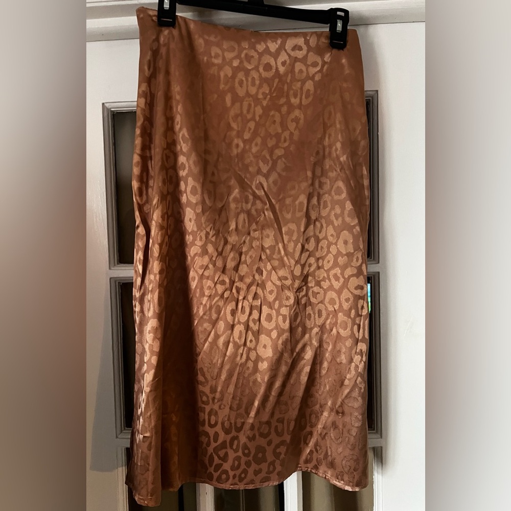 SHEIN Brown Satin Leopard Midi Skirt